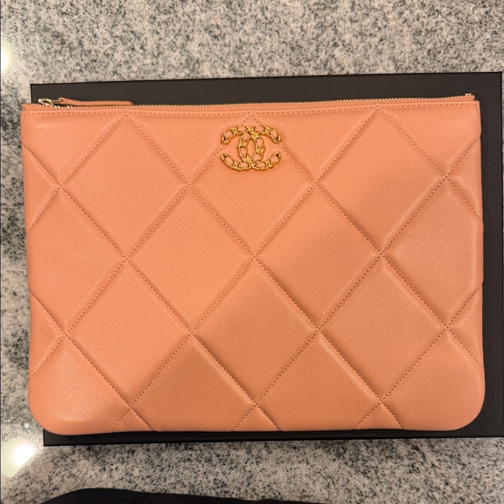 Chanel Peach Quilted Clutch with Gold Logo